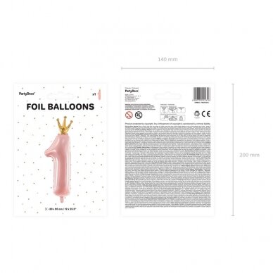 Folinis balionas "1 su karūna" rožinis, 90cm 3